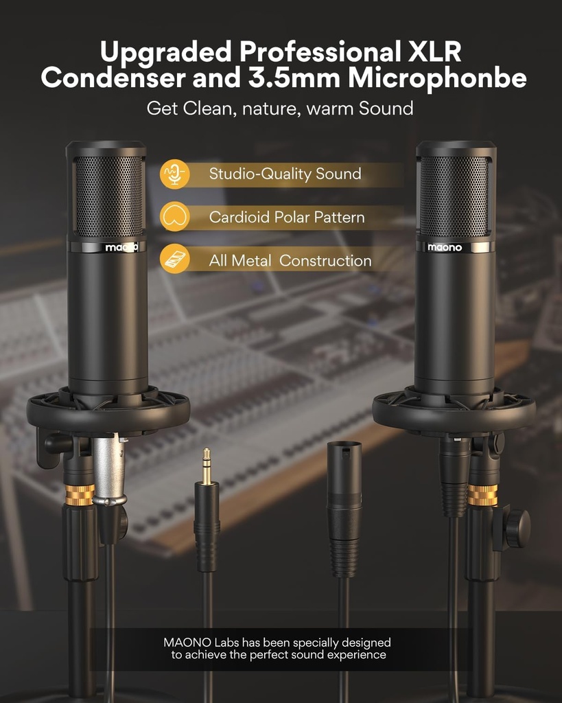 MAONO-MaonoCaster-Paquete de equipo para pódcast para 2-incluye interfaz de audio todo en uno con preamplificador de micrófono premium, micrófono de condensador XLR y micrófono de 3,5 mm para