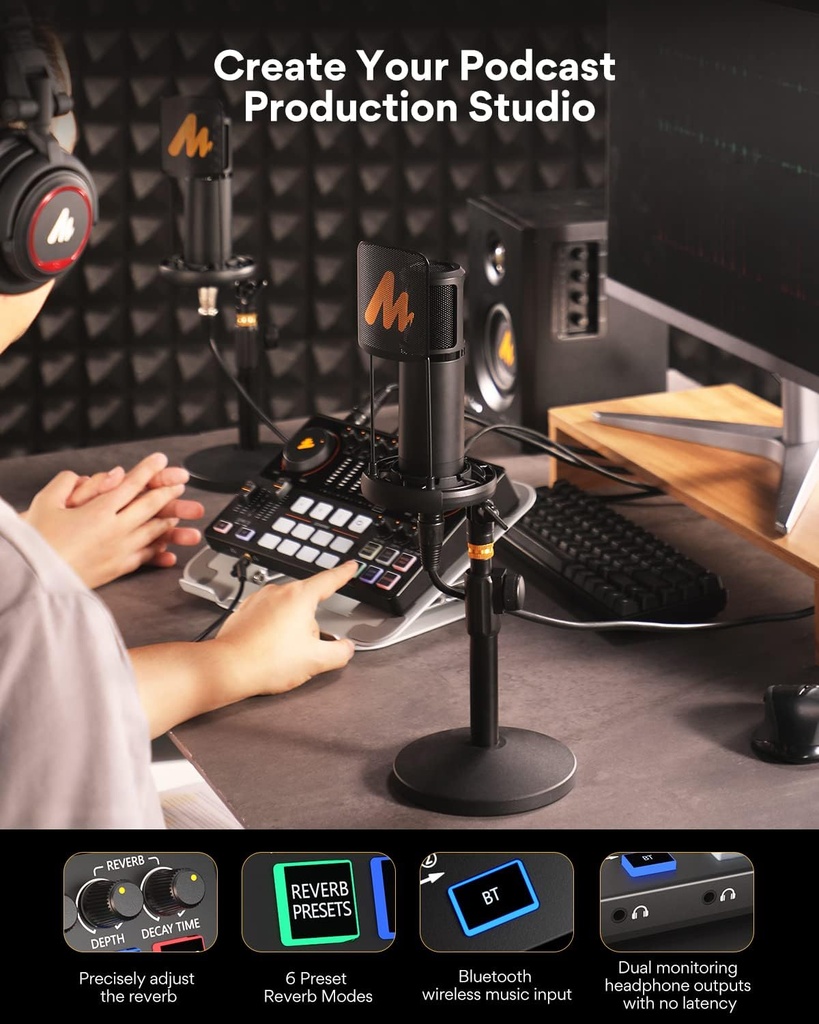 MAONO-MaonoCaster-Paquete de equipo para pódcast para 2-incluye interfaz de audio todo en uno con preamplificador de micrófono premium, micrófono de condensador XLR y micrófono de 3,5 mm para