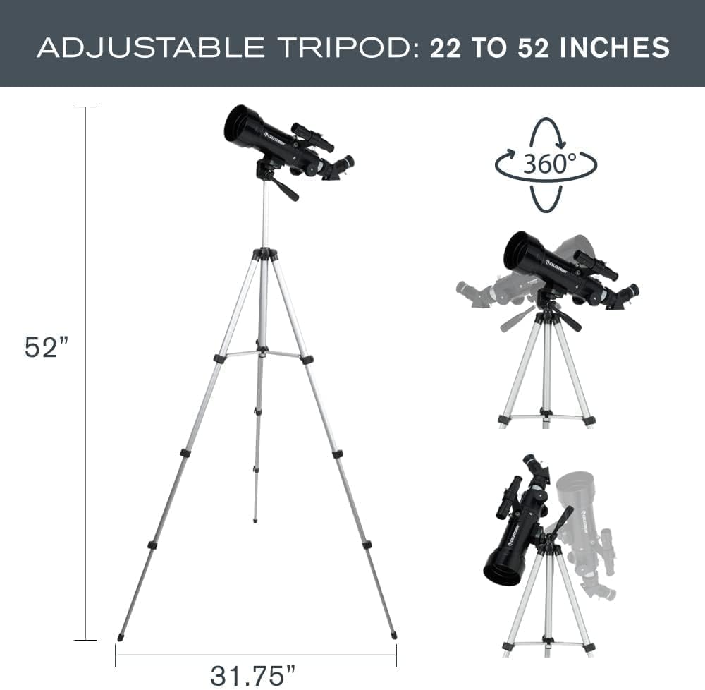 Celestron - Telescopio refractor portátil Travel Scope 70 - Apertura de 70 mm, óptica de vidrio totalmente recubierta - Incluye trípode, mochila y software - Ideal para principiantes y viajes 