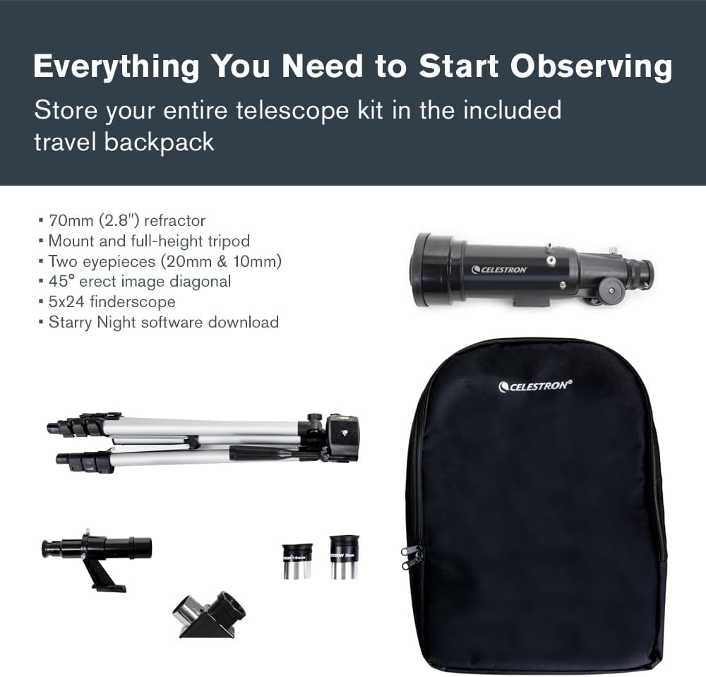 Celestron - Telescopio refractor portátil Travel Scope 70 - Apertura de 70 mm, óptica de vidrio totalmente recubierta - Incluye trípode, mochila y software - Ideal para principiantes y viajes 