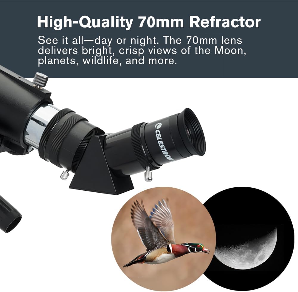 Celestron - Telescopio refractor portátil Travel Scope 70 - Apertura de 70 mm, óptica de vidrio totalmente recubierta - Incluye trípode, mochila y software - Ideal para principiantes y viajes 
