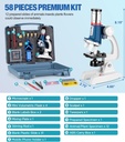 Kit de microscopio para niños de 58 piezas, aumento de 100X-1200X, cuerpo de metal, luz LED, caja de transporte, juguete de experimento científico para niños de 5 a 12 años 