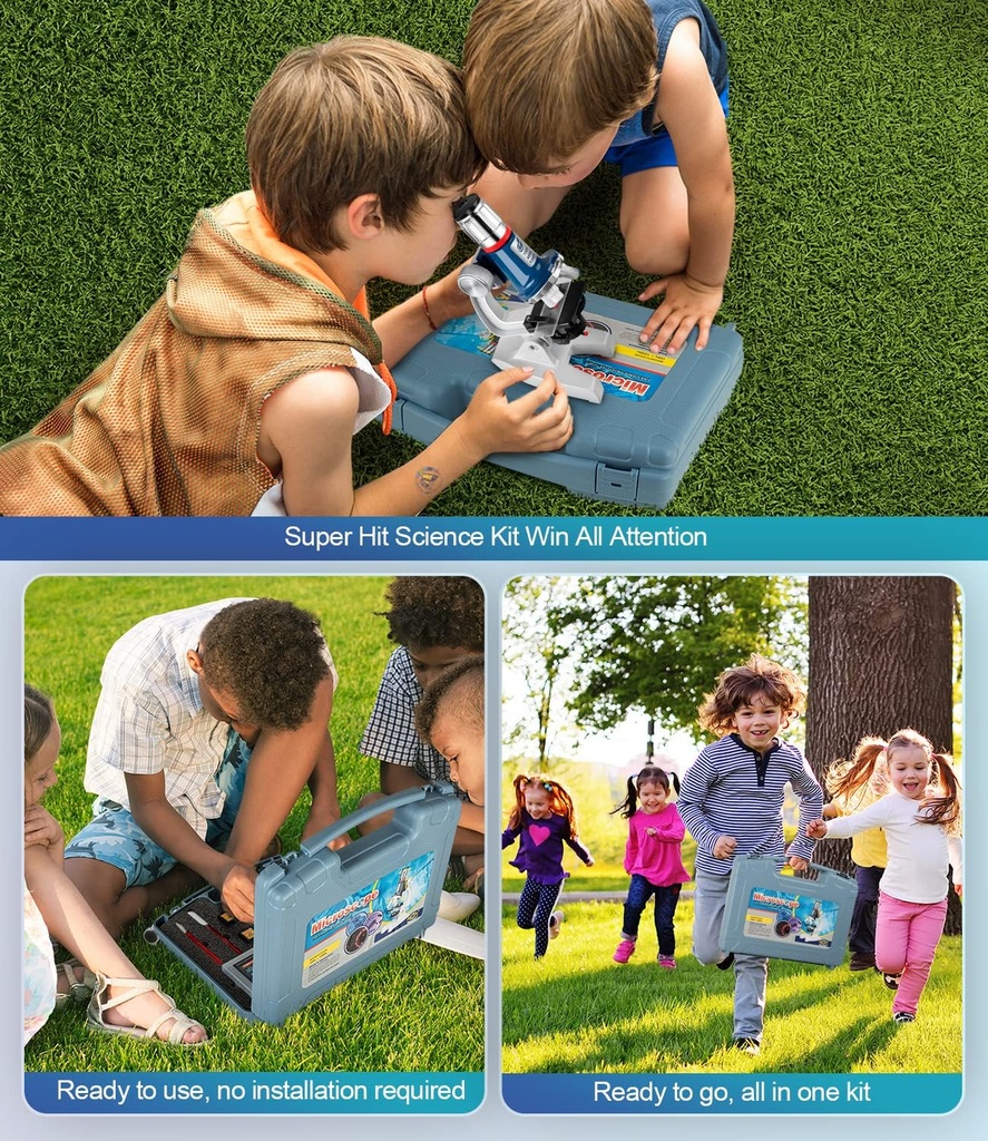 Kit de microscopio para niños de 58 piezas, aumento de 100X-1200X, cuerpo de metal, luz LED, caja de transporte, juguete de experimento científico para niños de 5 a 12 años 