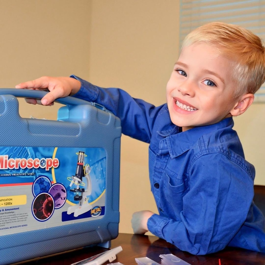 Kit de microscopio para niños de 58 piezas, aumento de 100X-1200X, cuerpo de metal, luz LED, caja de transporte, juguete de experimento científico para niños de 5 a 12 años 