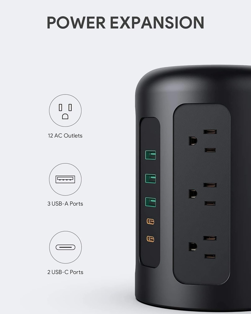 Regleta en Torre/Extensión de Alimentacion - Protector de sobretensiones 1500J - 12 Tomas CA + 3 USB Tipo A + 2 USB Tipo C - (HOYOKI)