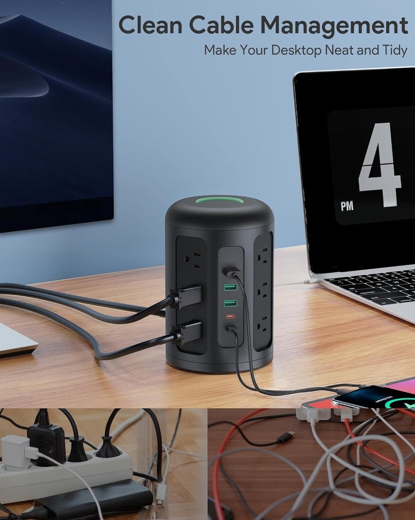 Regleta en Torre/Extensión de Alimentacion - Protector de sobretensiones 1500J - 12 Tomas CA + 3 USB Tipo A + 2 USB Tipo C - (HOYOKI)