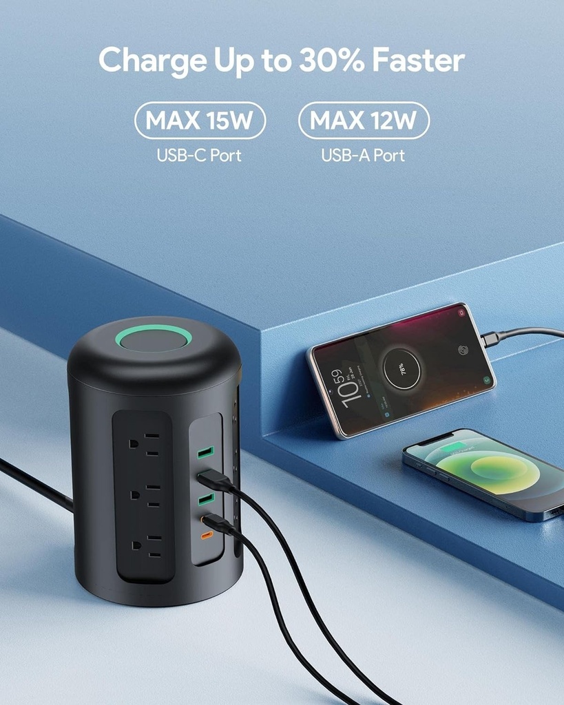 Regleta en Torre/Extensión de Alimentacion - Protector de sobretensiones 1500J - 12 Tomas CA + 3 USB Tipo A + 2 USB Tipo C - (HOYOKI)