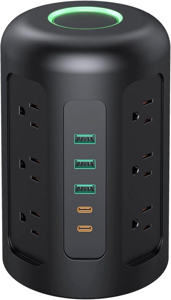 Regleta en Torre/Extensión de Alimentacion - Protector de sobretensiones 1500J - 12 Tomas CA + 3 USB Tipo A + 2 USB Tipo C - (HOYOKI)