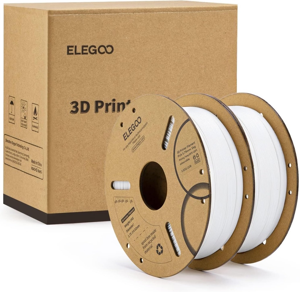 ELEGOO Filamento PLA 1.75mm Blanco 2KG, Filamento para Impresora 3D con Precisión Dimensional +/- 0.02mm, Paquete de 2 Carretes de 1kg en Cartón (2.2lbs) Filamento para Impresión 3D Compatible con la 