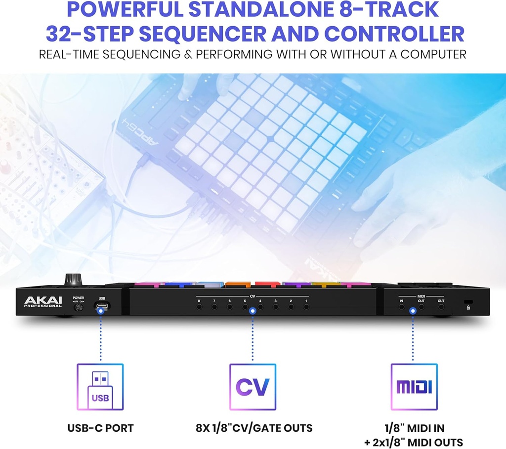 Akai Professional Controlador MIDI APC64 Ableton con 8 tiras táctiles, secuenciador de pasos, 64 almohadillas sensibles a la velocidad RGB, puertas CV, entrada y salida MIDI, USB-C 