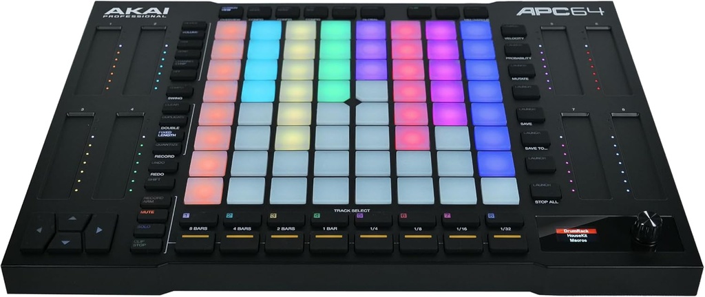 Akai Professional Controlador MIDI APC64 Ableton con 8 tiras táctiles, secuenciador de pasos, 64 almohadillas sensibles a la velocidad RGB, puertas CV, entrada y salida MIDI, USB-C 