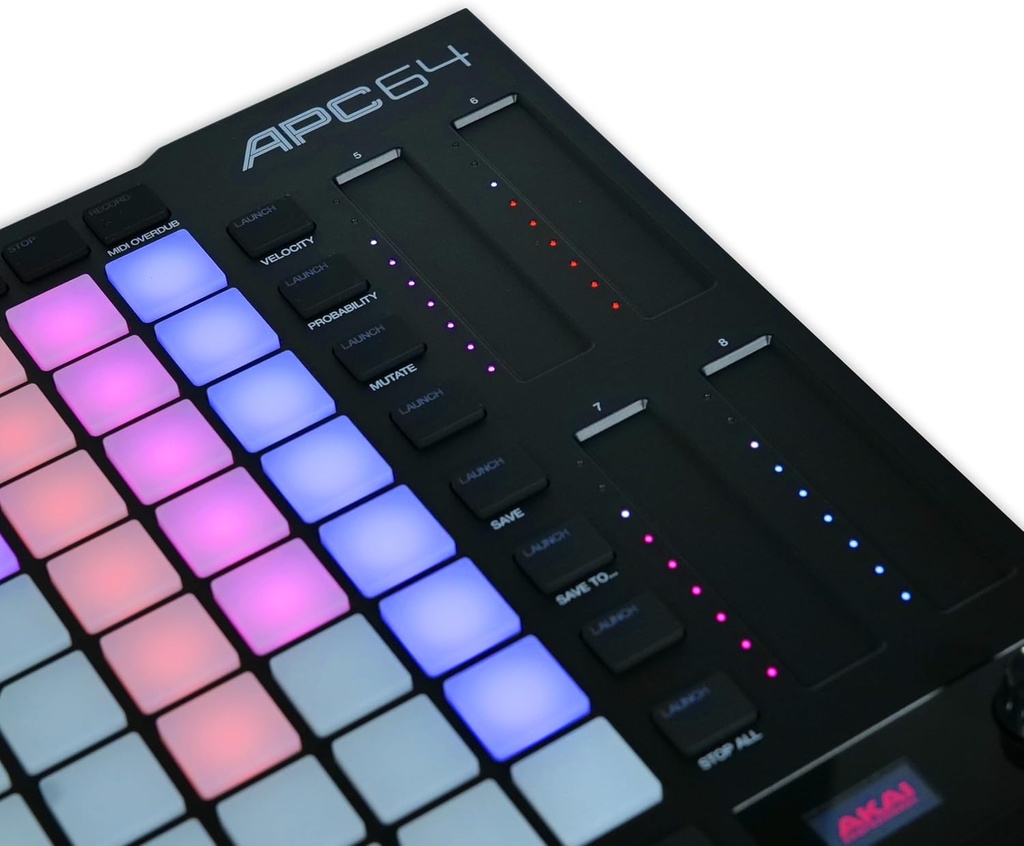 Akai Professional Controlador MIDI APC64 Ableton con 8 tiras táctiles, secuenciador de pasos, 64 almohadillas sensibles a la velocidad RGB, puertas CV, entrada y salida MIDI, USB-C 