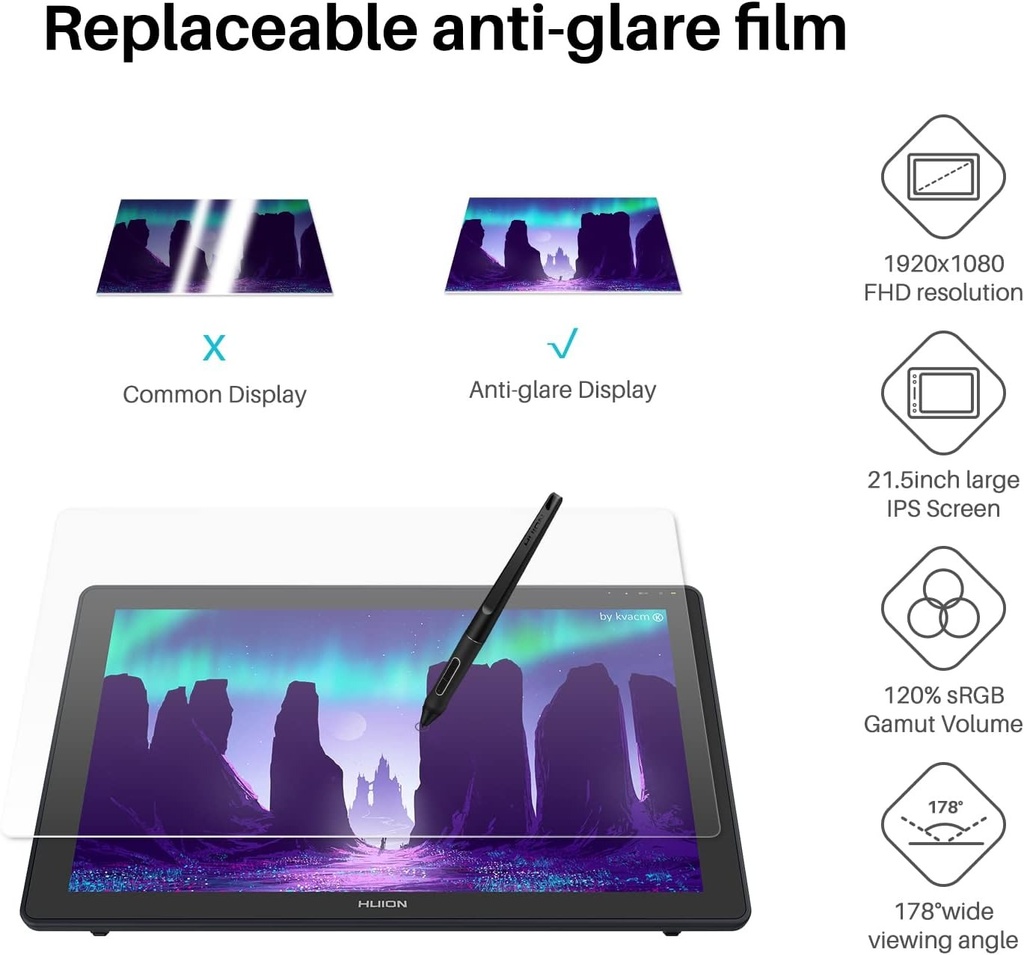 Tablet De Dibujo/Diseño - HUION KAMVAS 22 - Con Pantalla 21.5&quot; Full HD - 120% sRGB - Windows PC, Mac, Android