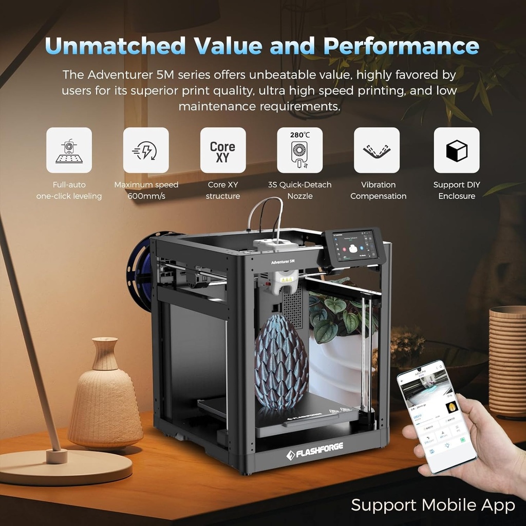 Impresora 3D FLASHFORGE Adventurer 5M - Nivelación automática, impresión de alta velocidad máxima de 23.622 in/s, extrusora directa de 536.0 °F con boquilla desmontable 3S.