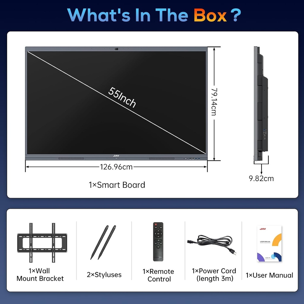 JAV Pizarra blanca interactiva para aula, oficina, hogar, 4K UHD 8+128GB pantalla táctil Smartboard con sistema operativo Android con licencia EDLA integrado y ecosistema de aplicaciones abiertas, Wi-Fi y Bluetooth 