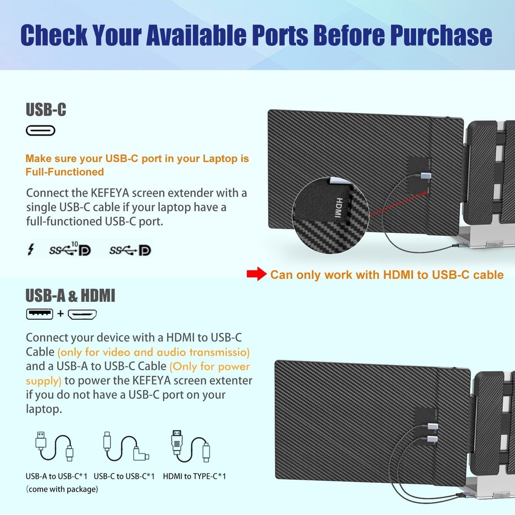 Extensor de pantalla KEFEYA para laptop, 24&quot; Full HD IPS - con puerto USB-C/HDMI – Con Speaker - Windows, Mac, 60Hz.