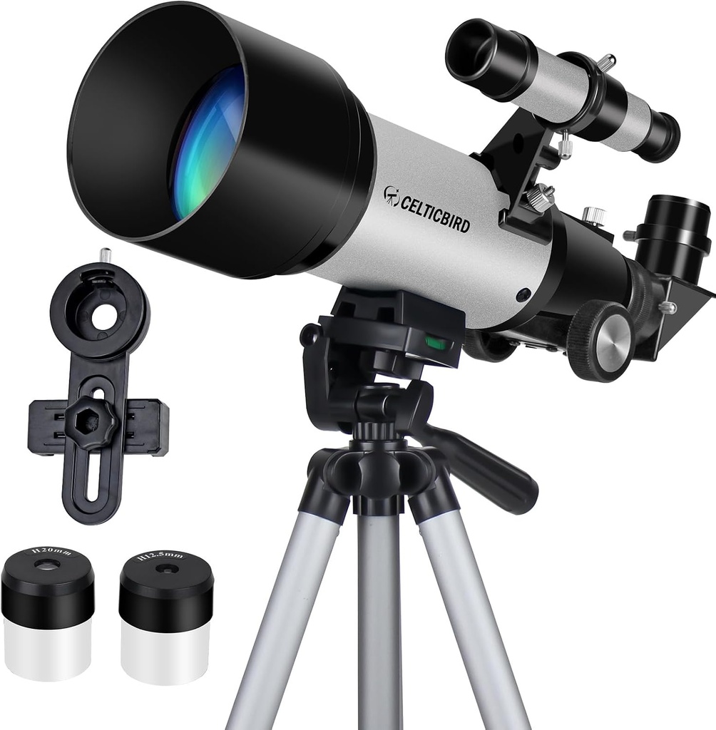 Telescopio para niños principiantes, apertura de 70 mm, telescopio refractor astronómico de 400 mm para adultos estudiantes - Telescopios de viaje con trípode, adaptador para teléfono (Plata) 