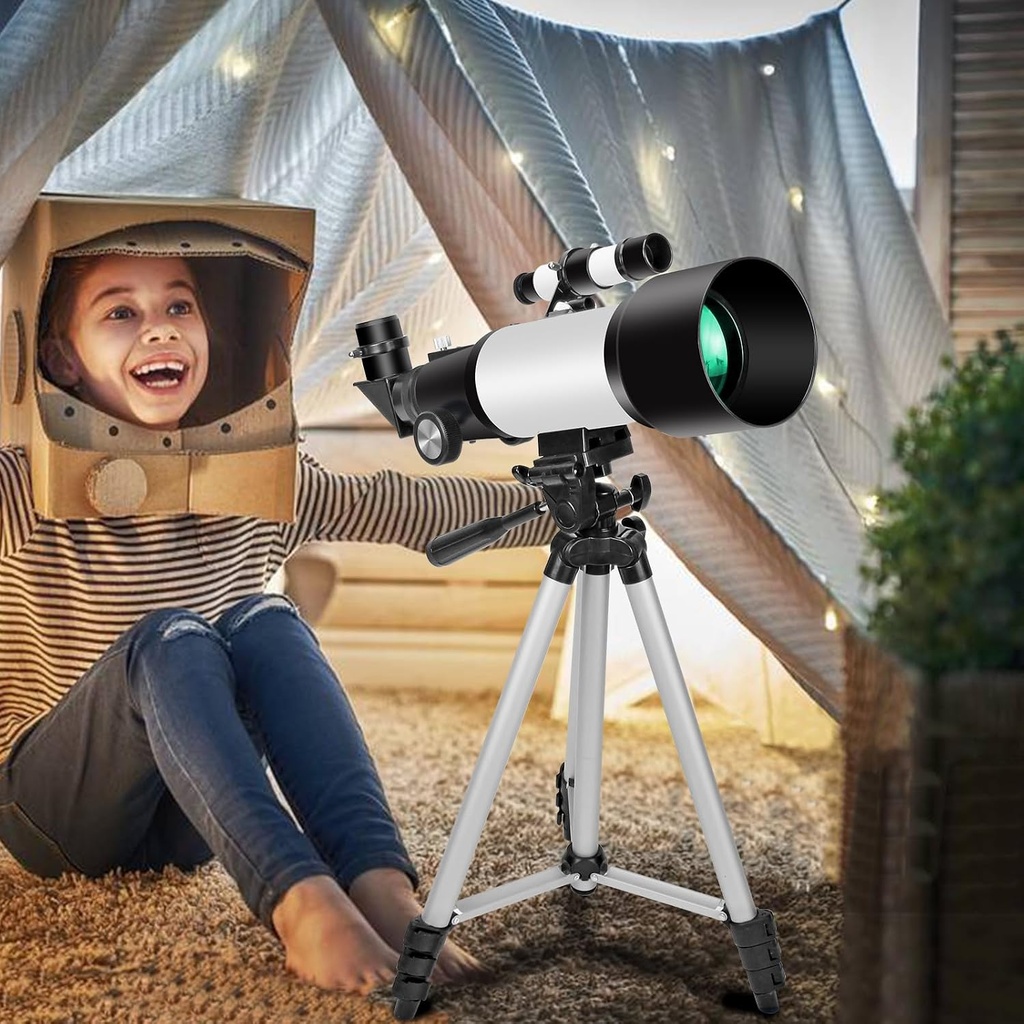 Telescopios, Telescopio para Niños y Adultos Principiantes, 2.756 in Apertura 15.748 in Longitud de Enfoque Refractor Telescopio de Viaje con AZ Monte para Observar La Luna y el Paisaje (blanco) 