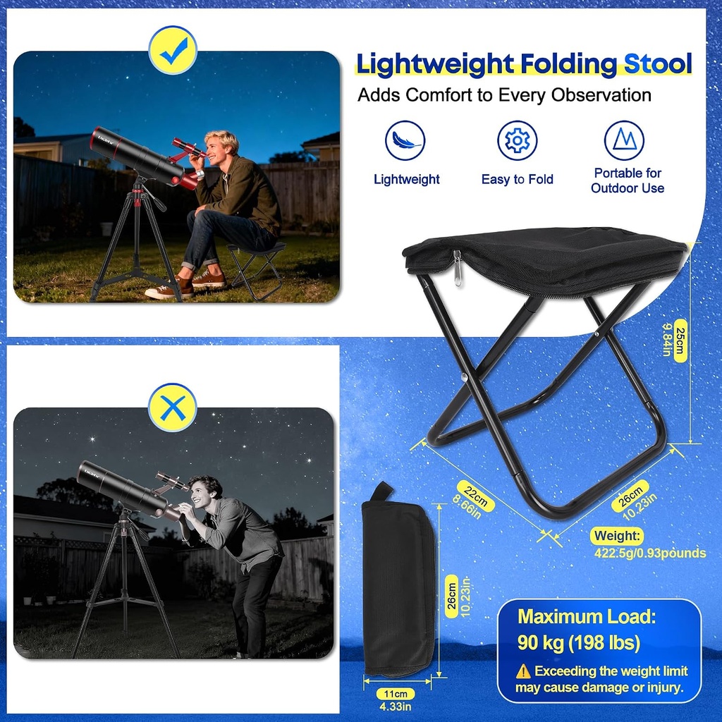 Telescopio para adultos de alta potencia, telescopio profesional de 90mm de apertura y 550mm para niños y principiantes con taburete plegable, trípode, adaptador para teléfono y bolsa de transporte 
