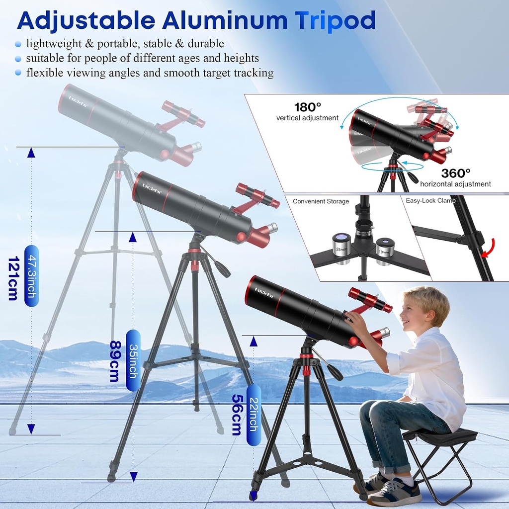 Telescopio para adultos de alta potencia, telescopio profesional de 90mm de apertura y 550mm para niños y principiantes con taburete plegable, trípode, adaptador para teléfono y bolsa de transporte 