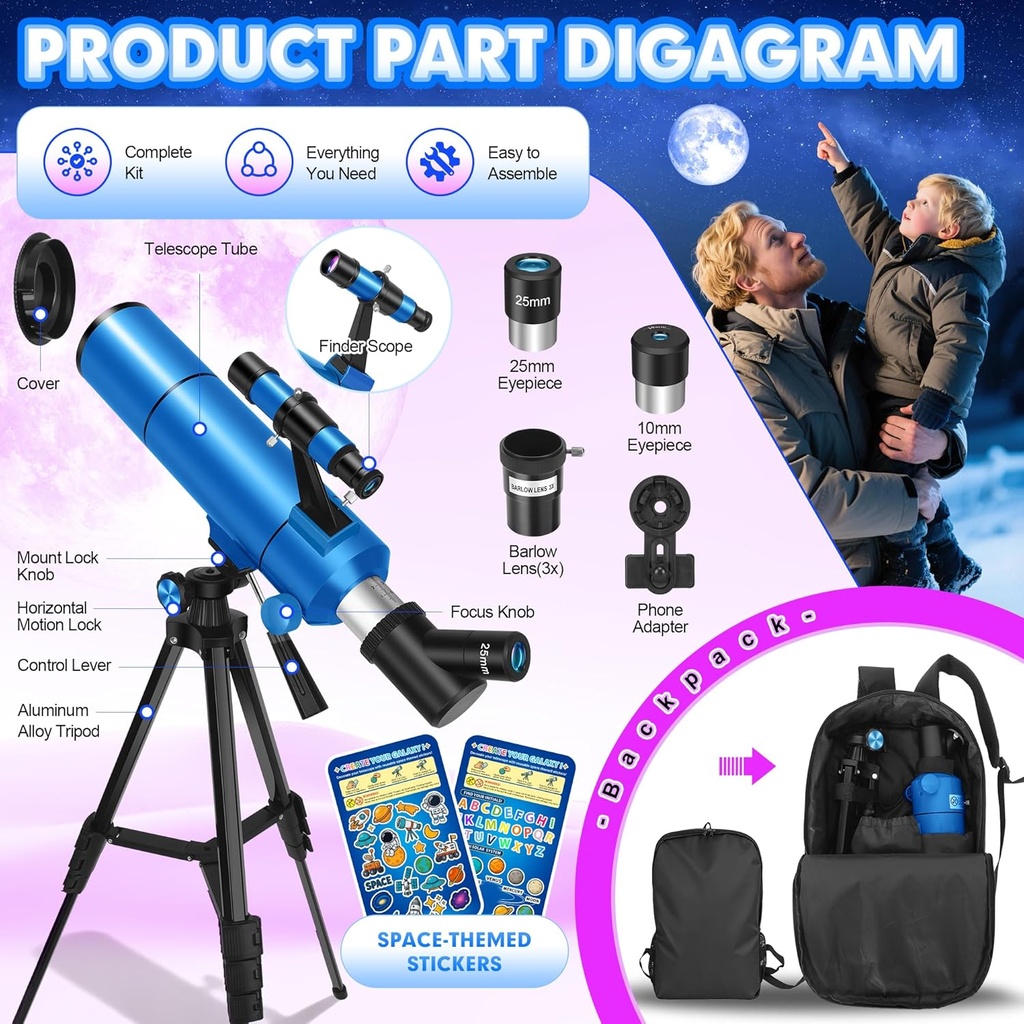 Telescopio para adultos y niños, apertura de 80 mm, 500 mm (20X-150X) Telescopio refractor profesional para principiantes de astronomía, telescopios portátiles de viaje con trípode 