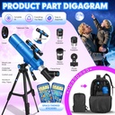 Telescopio para adultos y niños, apertura de 80 mm, 500 mm (20X-150X) Telescopio refractor profesional para principiantes de astronomía, telescopios portátiles de viaje con trípode 