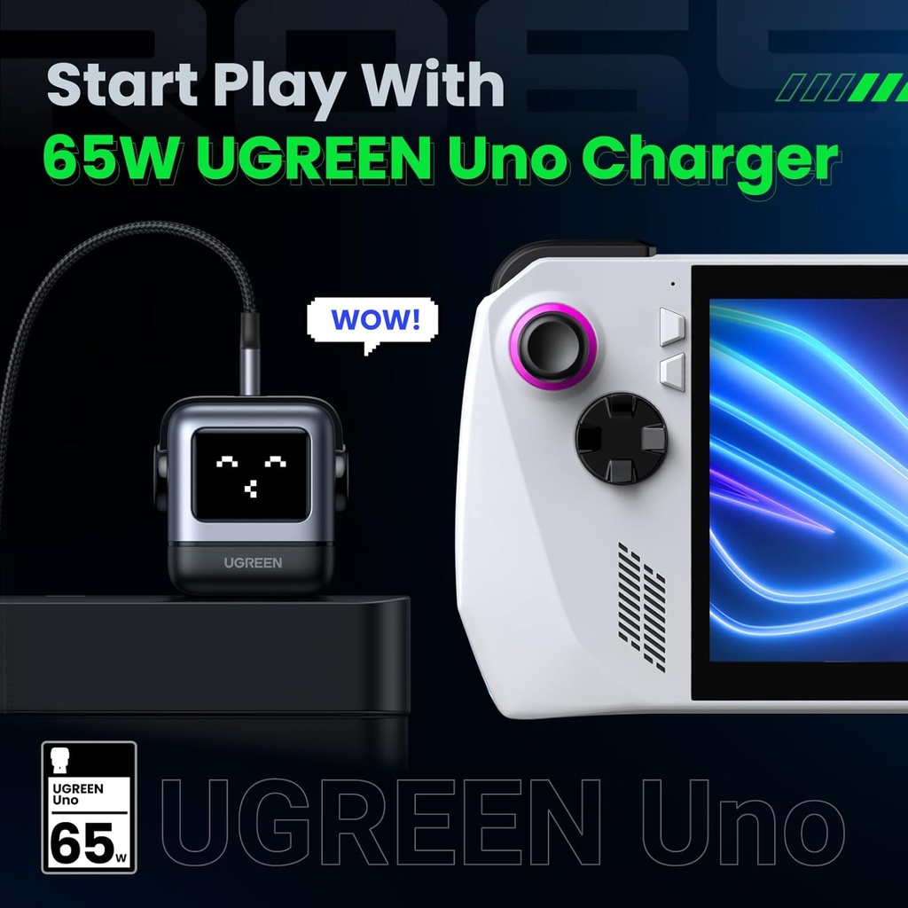 UGREEN Uno Charger - Cargador USB C de 65 W, Nexode, 3 puertos, robot GaN, adaptador de corriente USB C compacto y rápido para MacBook Pro, iPhone 15 Pro, Galaxy S24/S23, Pixel 8, Steam Deck, ROG Ally