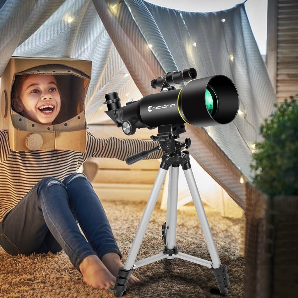 Telescopios, telescopio para niños y adultos principiantes, apertura de 70 mm, longitud focal de 400 mm, telescopio refractor de viaje con montaje AZ para observar la luna y el paisaje - Negro 