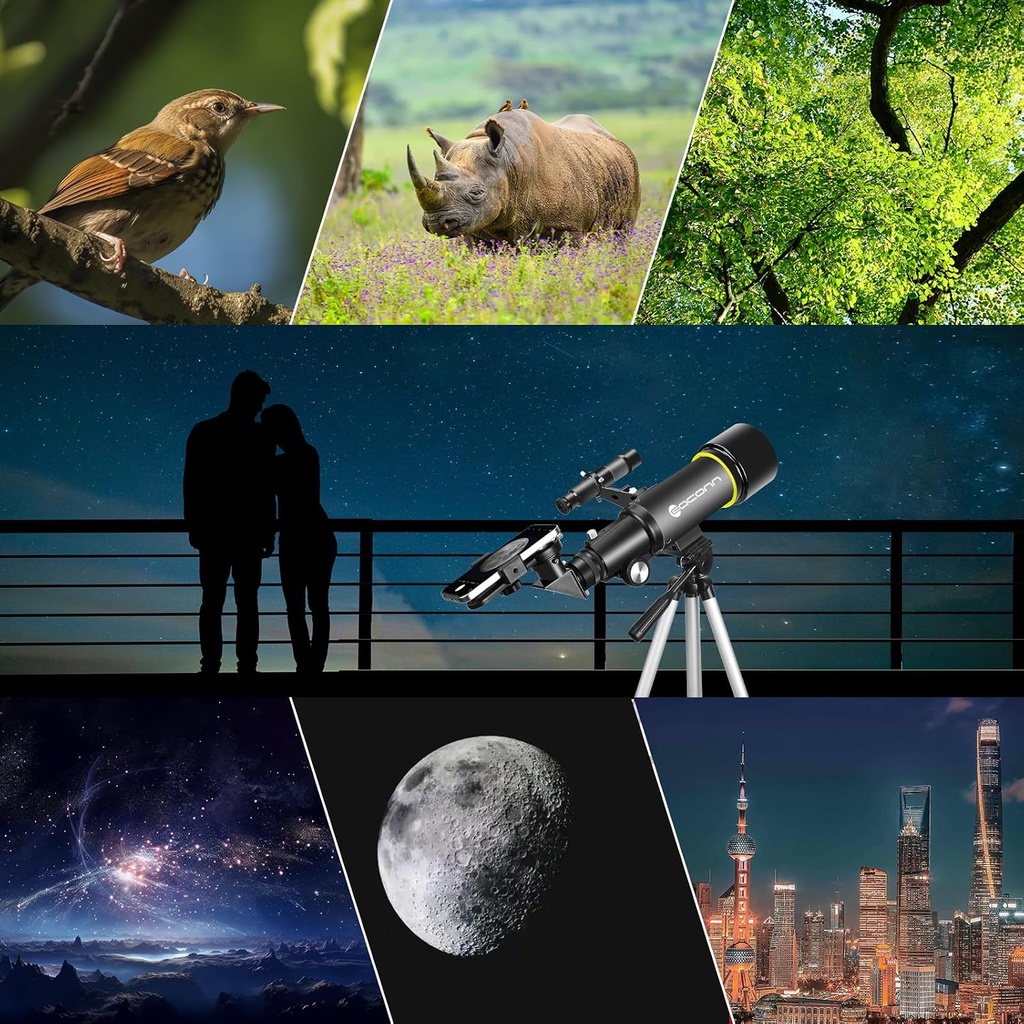 Telescopios, telescopio para niños y adultos principiantes, apertura de 70 mm, longitud focal de 400 mm, telescopio refractor de viaje con montaje AZ para observar la luna y el paisaje - Negro 