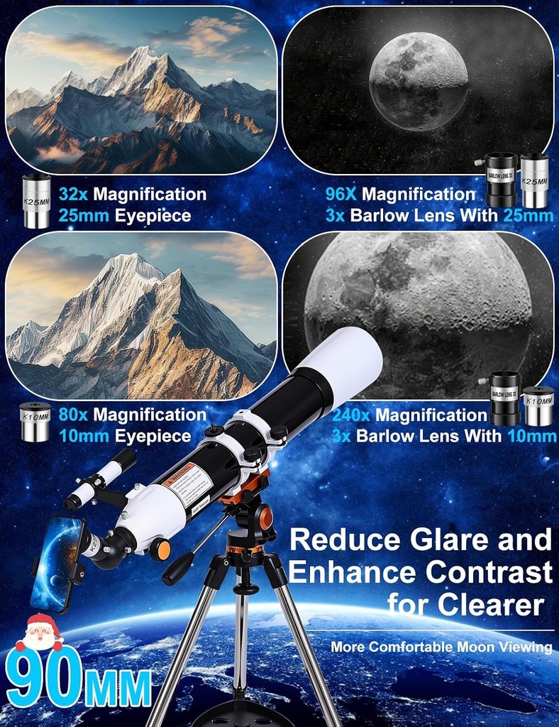 Telescopio para adultos de alta potencia de 3.543 in de apertura, 31.496 in, telescopios refractores para principiantes de astronomía con trípode de montaje AZ, adaptador de teléfono, bolsa de 