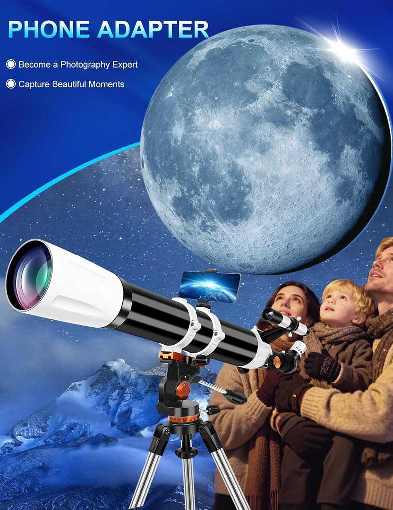 Telescopio para adultos de alta potencia de 3.543 in de apertura, 31.496 in, telescopios refractores para principiantes de astronomía con trípode de montaje AZ, adaptador de teléfono, bolsa de 