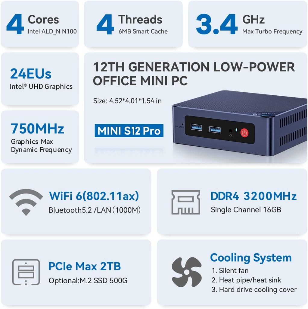 Beelink Mini PC S12 Pro, Intel 12ª generación Alder Lake - N100(hasta 3.4 GHz), 16 GB DDR4 RAM 500 GB M.2 SSD, soporte para computadora de escritorio 4K Dual Display/USB3.2/WiFi 6/BT5.2/Gigabit