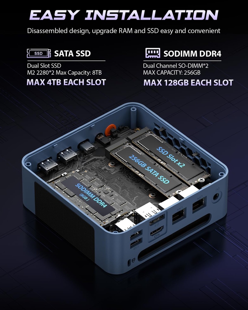 BOSGAME E5 11 Pro Mini PC Ryzen, 5300U de 4 núcleos de 8 hilos, escritorio LAN dual 8GB DDR4 256GB SSD Computadoras, pantallas triples HDMI 2.0x1, DisplayPortx1, USB-C x1, Wi-Fi 5, BT 5.0 