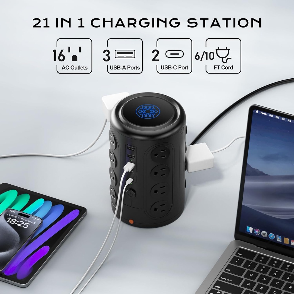TenTrend - Torre de regleta con 16 salidas y 5 puertos USB (2 USB-C), protector de sobretensiones TenTrend 1875W 1500J con cable de extensión de 6 pies, torre de múltiples salidas para escritorio de