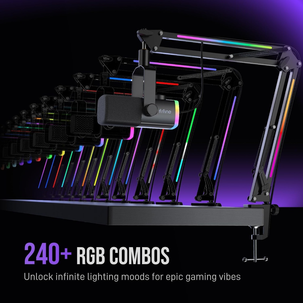 Kit de micrófono de juego FIFINE, micrófono dinámico XLR/USB para PC con brazo articulado para grabación de podcast, juego de micrófono RGB para transmisión, silencio con toque, control de mezcla 