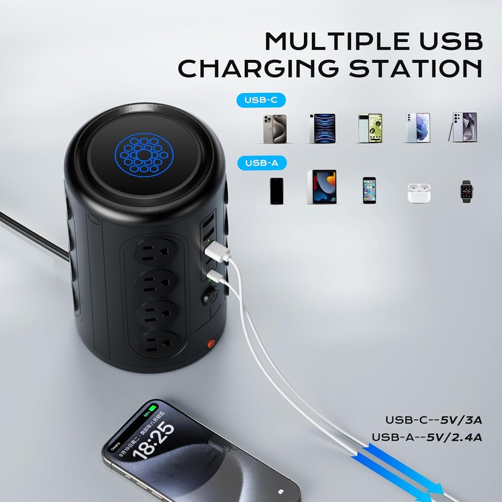 TenTrend - Torre de regleta con 16 salidas y 5 puertos USB (2 USB-C), protector de sobretensiones TenTrend 1875W 1500J con cable de extensión de 6 pies, torre de múltiples salidas para escritorio de