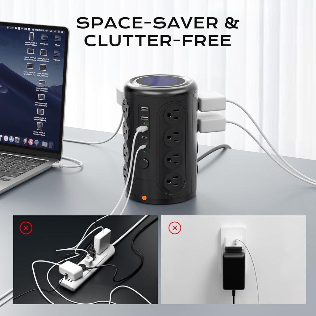TenTrend - Torre de regleta con 16 salidas y 5 puertos USB (2 USB-C), protector de sobretensiones TenTrend 1875W 1500J con cable de extensión de 6 pies, torre de múltiples salidas para escritorio de
