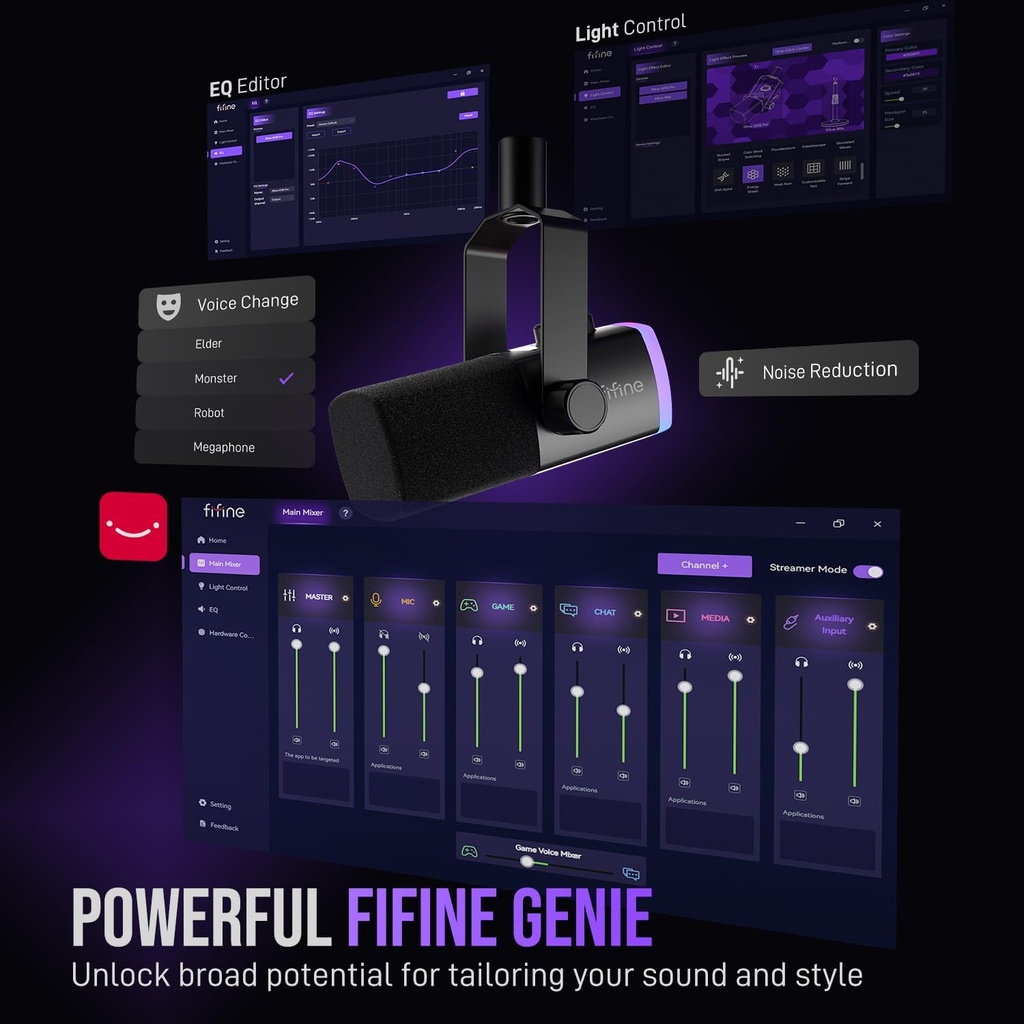 Kit de micrófono de juego FIFINE, micrófono dinámico XLR/USB para PC con brazo articulado para grabación de podcast, juego de micrófono RGB para transmisión, silencio con toque, control de mezcla 