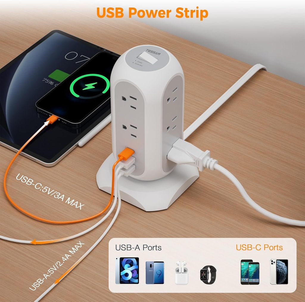 Regleta de alimentación de torre con enchufe plano con 11 tomacorrientes, 3 USB (1 USB C), torre protectora contra sobretensiones TESSAN 1625W/13A, protección 1050J, cable de extensión de 6 pies con