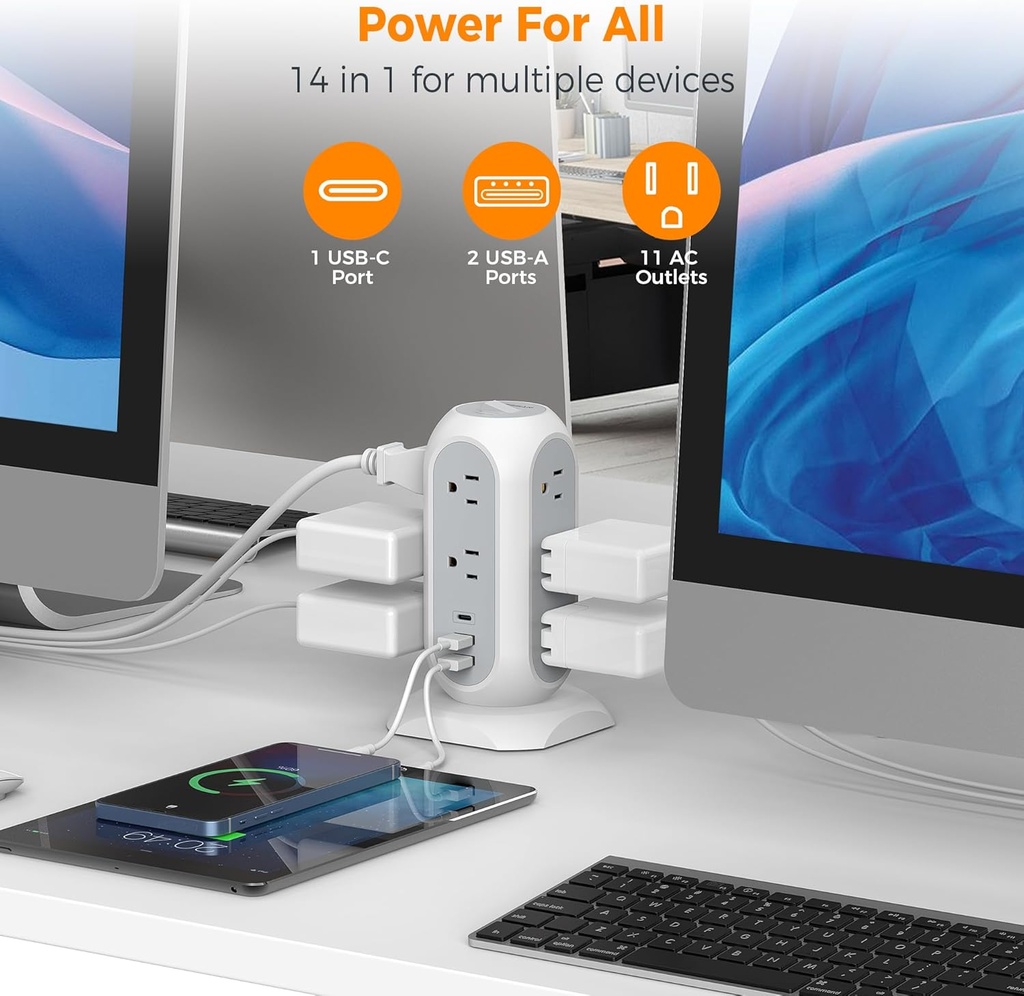 Regleta de alimentación de torre con enchufe plano con 11 tomacorrientes, 3 USB (1 USB C), torre protectora contra sobretensiones TESSAN 1625W/13A, protección 1050J, cable de extensión de 6 pies con