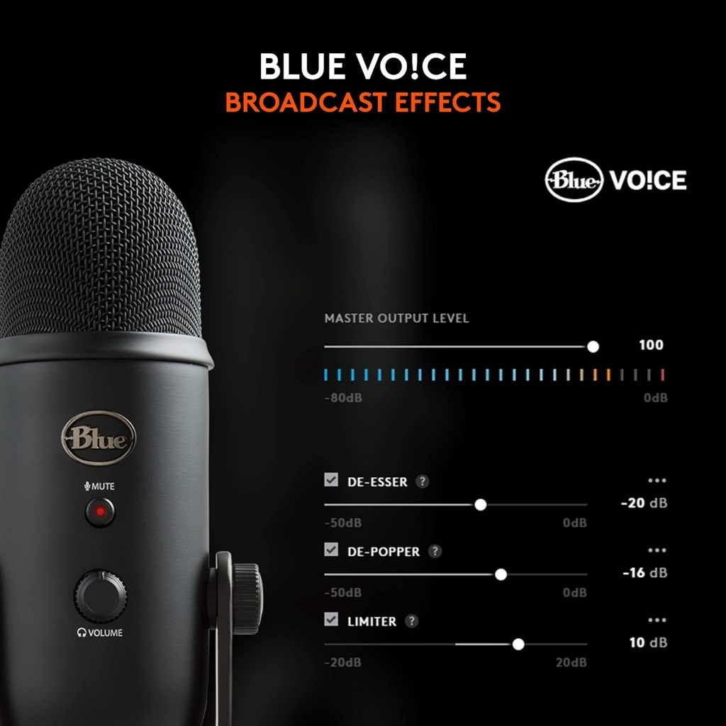 Blue Yeti USB Mic para grabar y transmitir en PC y Mac, 3 cápsulas de condensador, 4 patrones de captación, salida de auriculares y control de volumen, control de ganancia de micrófono, soporte ajustable, Plug & Play - Nuevo 