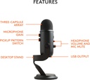 Blue Yeti USB Mic para grabar y transmitir en PC y Mac, 3 cápsulas de condensador, 4 patrones de captación, salida de auriculares y control de volumen, control de ganancia de micrófono, soporte ajustable, Plug & Play - Nuevo 
