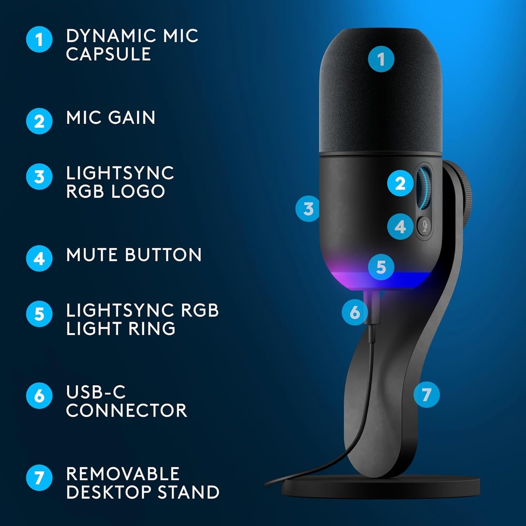 Logitech G Yeti GX - Micrófono dinámico RGB para juegos, micrófono para podcast con LIGHTSYNC, Blue VO!CE, control G HUB, USB Plug and Play - Negro 