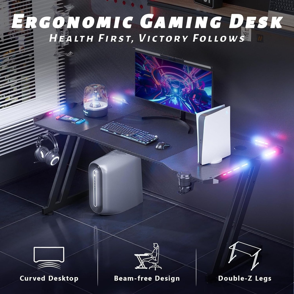 HLDIRECT Escritorio para juegos de 47 pulgadas con luces LED, superficie de fibra de carbono, escritorio grande para computadora, escritorio ergonómico para oficina en casa, estaciones de trabajo para