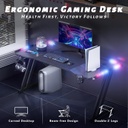 HLDIRECT Escritorio para juegos de 47 pulgadas con luces LED, superficie de fibra de carbono, escritorio grande para computadora, escritorio ergonómico para oficina en casa, estaciones de trabajo para