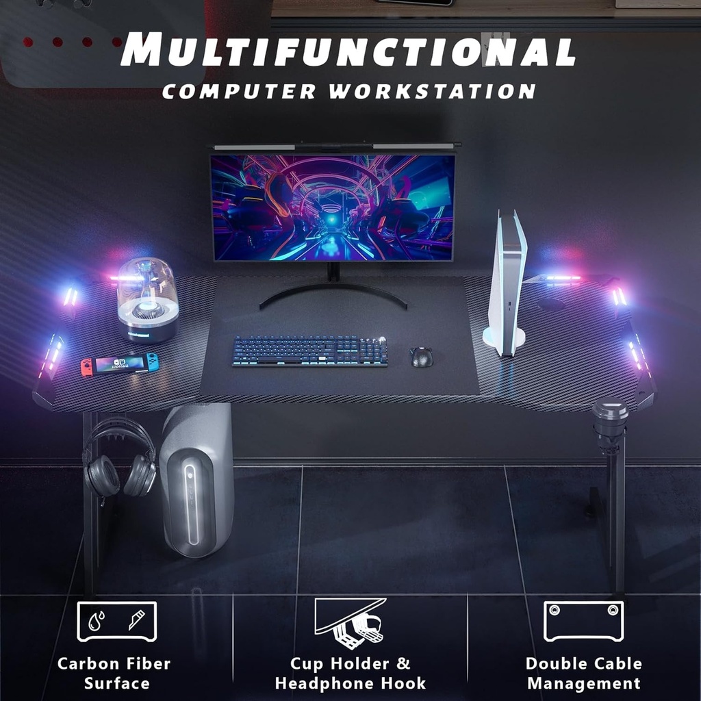 HLDIRECT Escritorio para juegos de 47 pulgadas con luces LED, superficie de fibra de carbono, escritorio grande para computadora, escritorio ergonómico para oficina en casa, estaciones de trabajo para