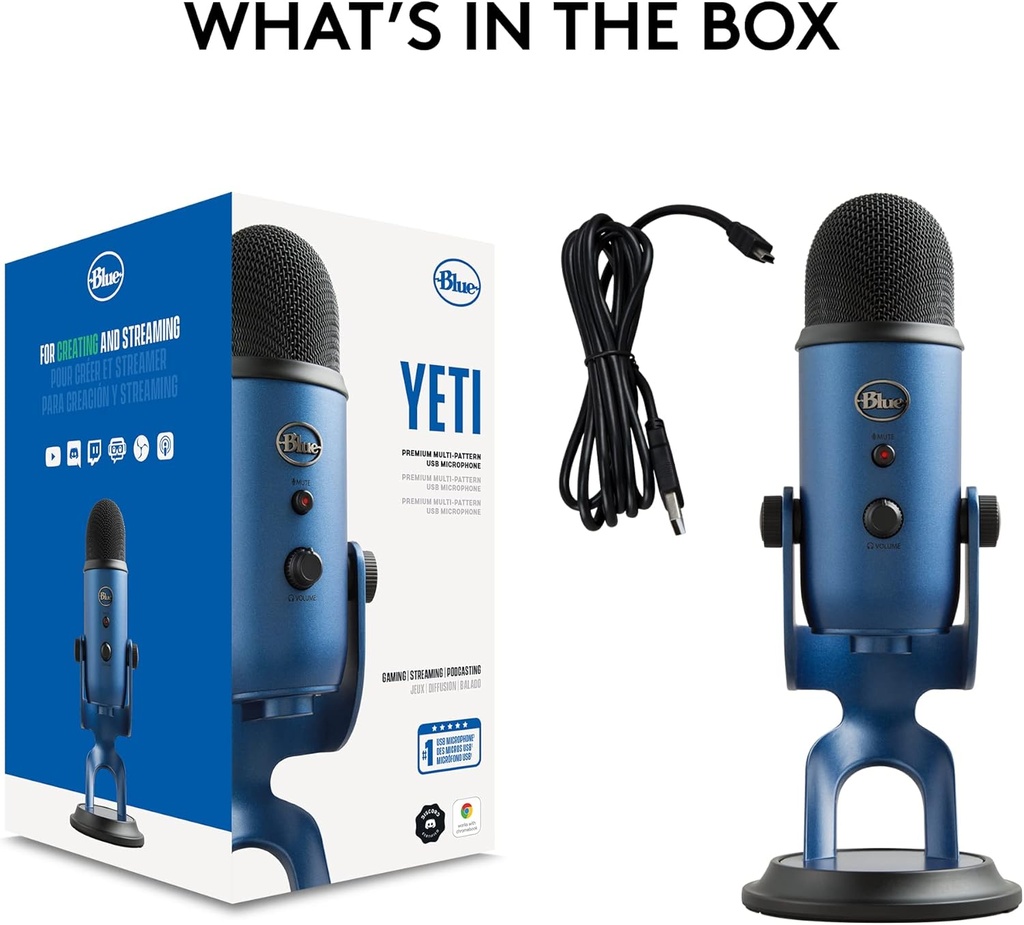 Logitech Creators Blue Yeti - Micrófono USB para juegos, transmisión, podcast, YouTube, Discord, PC, sonido de estudio, Plug & Play, azul medianoche 