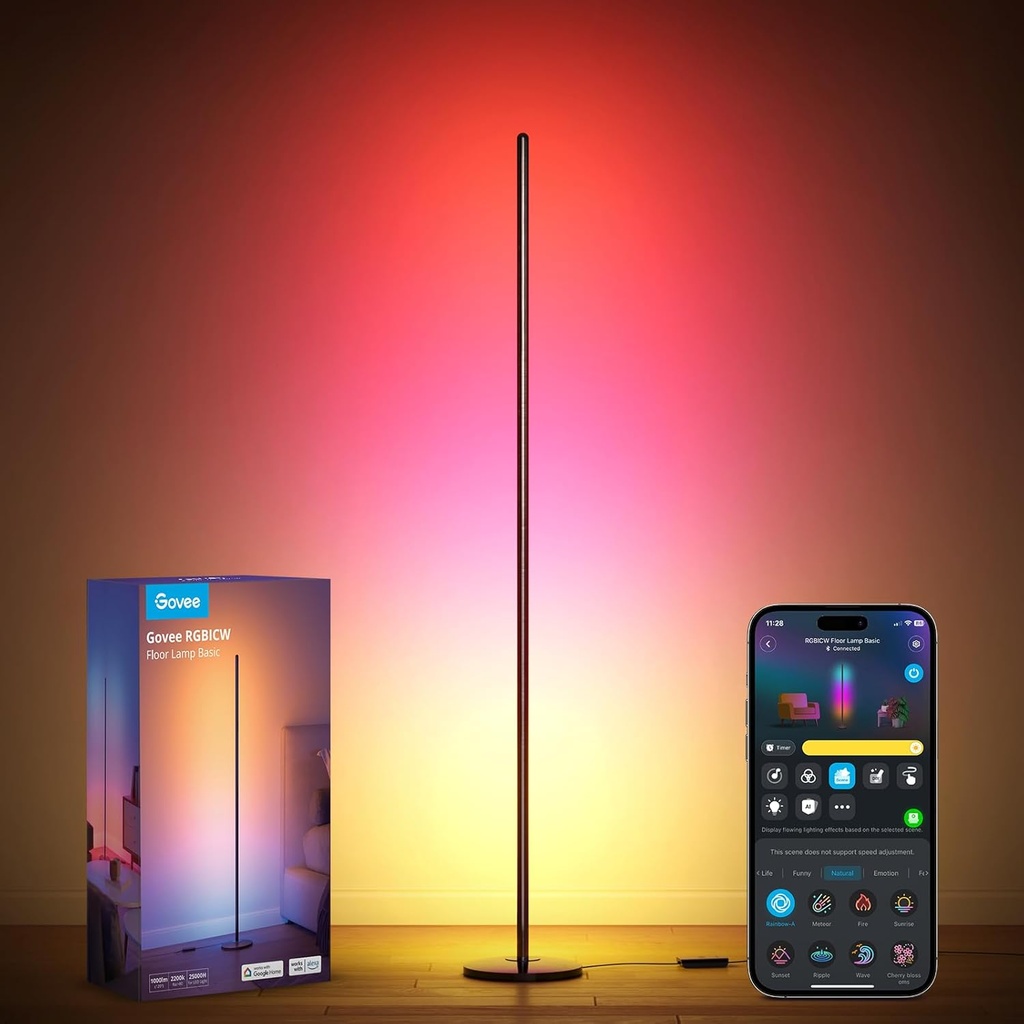 Govee RGBIC - Lámpara de pie, lámpara de esquina LED funciona con Alexa, lámpara de pie moderna inteligente de 1000 lúmenes con sincronización de música y 16 millones de colores