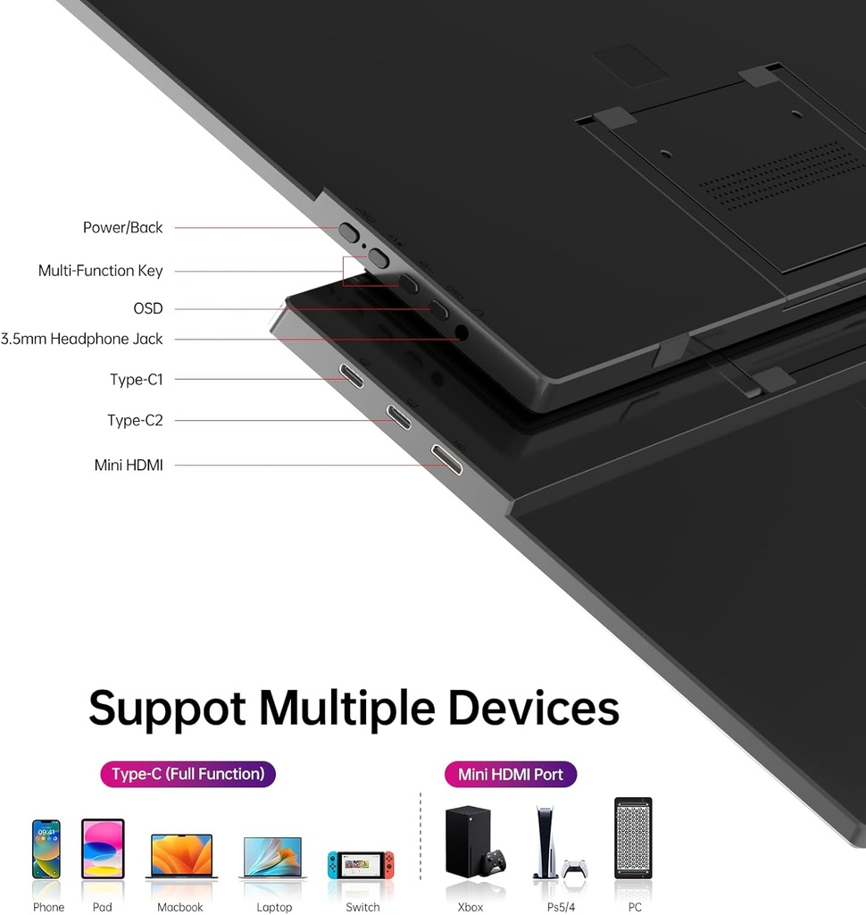 Yxk Monitor portátil de 15.6 pulgadas 1080P USB-C HDMI Ultra-Slim Monitor de viaje con soporte, para laptop, PC, teléfono Mac, PS, Xbox, Swich IPS Ultra Thin Zero Frame Gaming Monitor