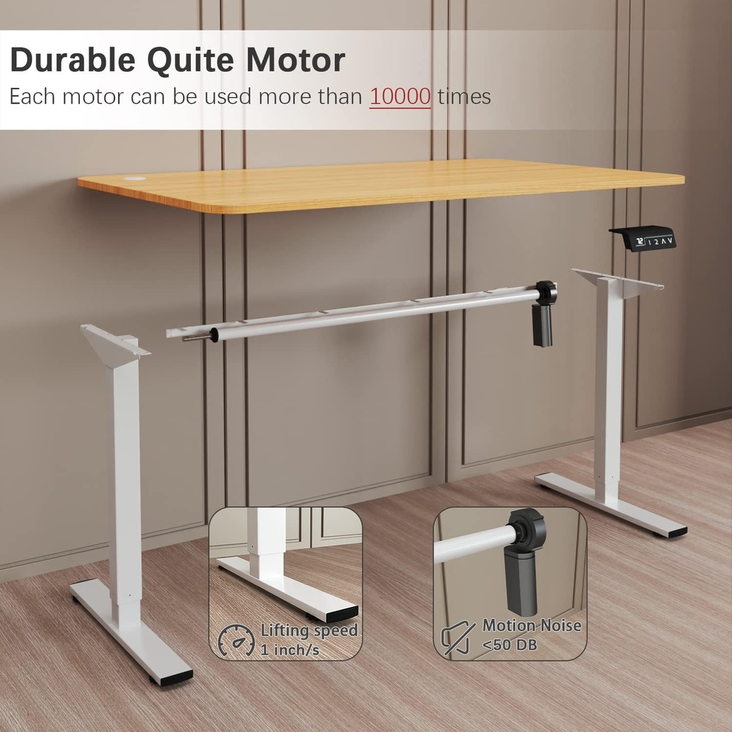 Furmax - Escritorio eléctrico de altura ajustable de pie grande de 55 x 24 pulgadas, escritorio de pie para oficina en casa, alturas prestablecidas, soporte de metal en forma de T, blanco y madera